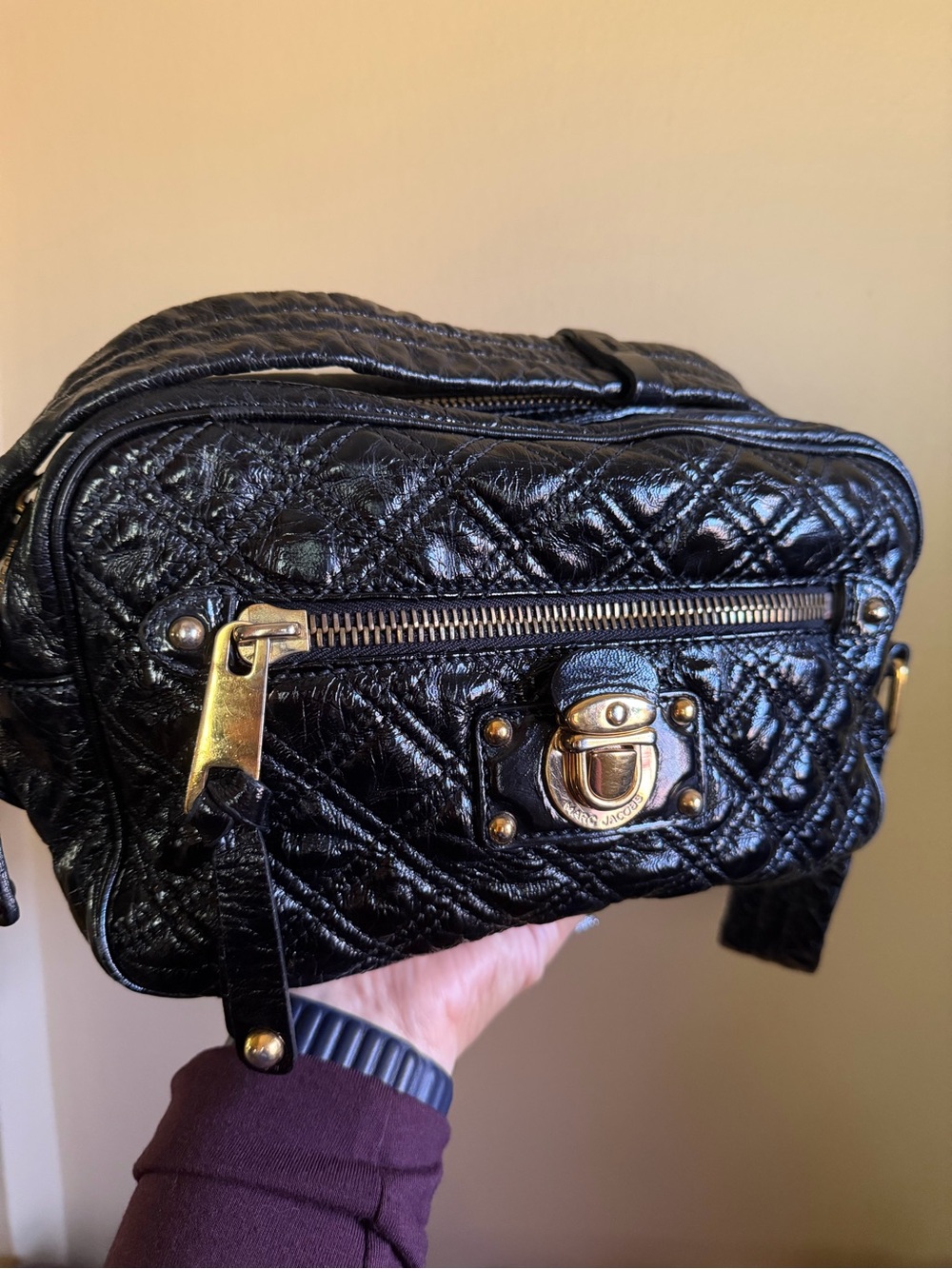 Marc Jacobs Black Quilted Patent Leather Crossbody with Gold Hardware